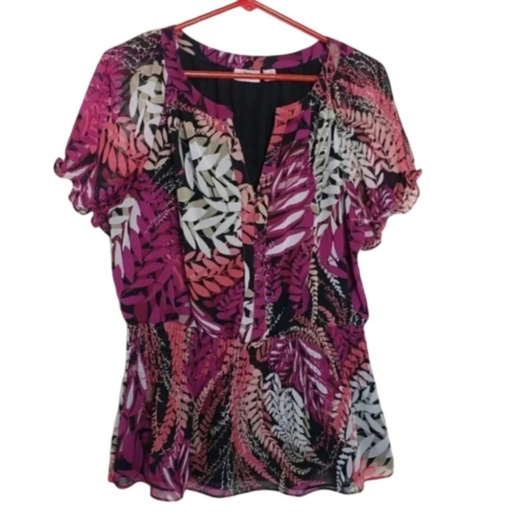 Worthington Women's L Floral Print Blouse Short Sleeve V Neck Elastic Waist Top